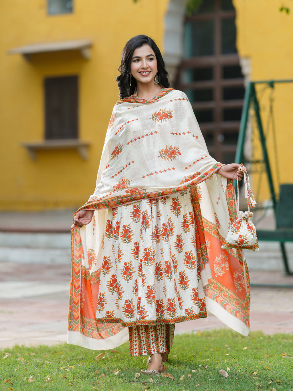 Floral Printed Thread Work Pure Cotton Kurta With Trousers & Dupatta
