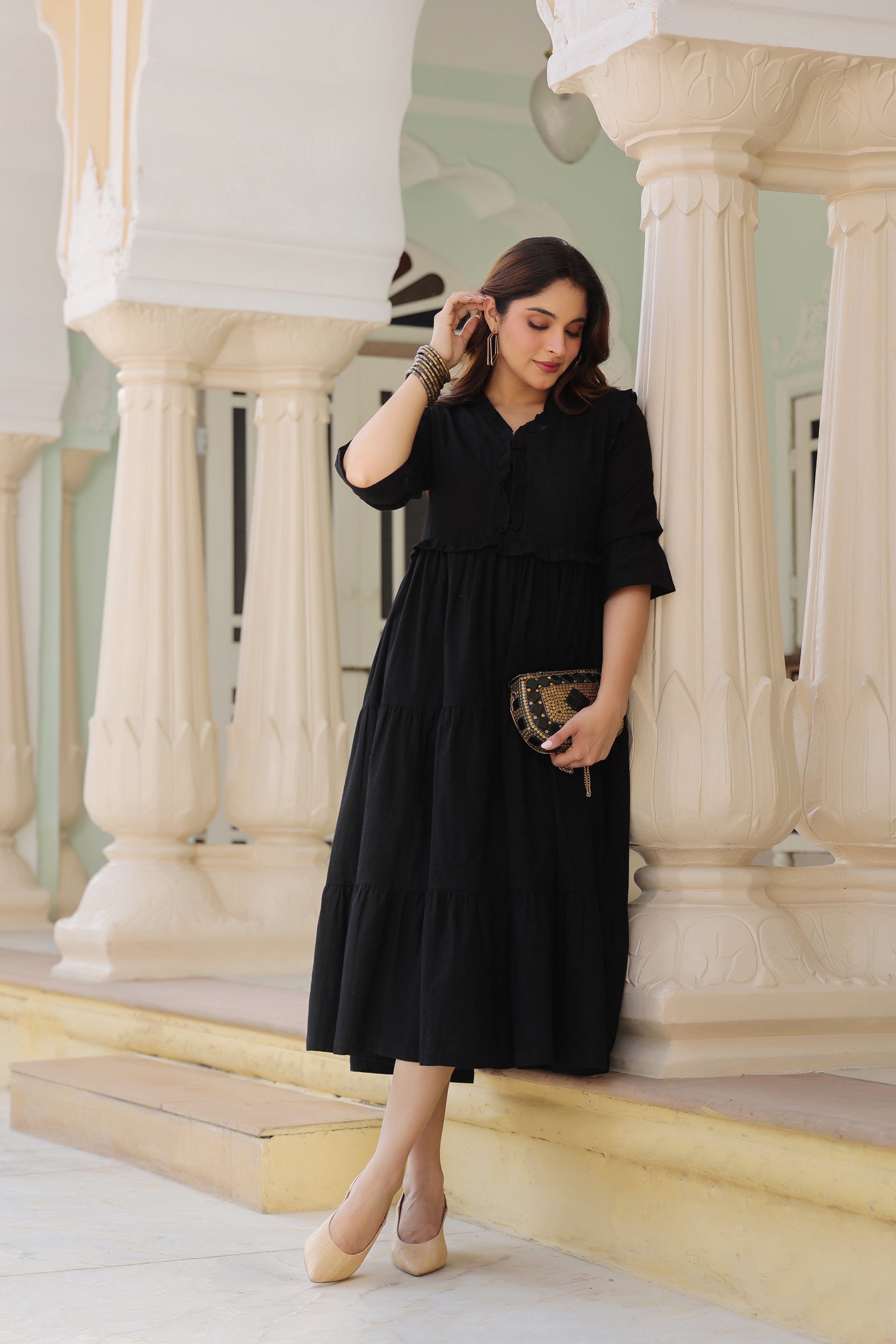 Women Pure Cotton Ruffle-Detail V-Neck Fit & Flare Midi Dress