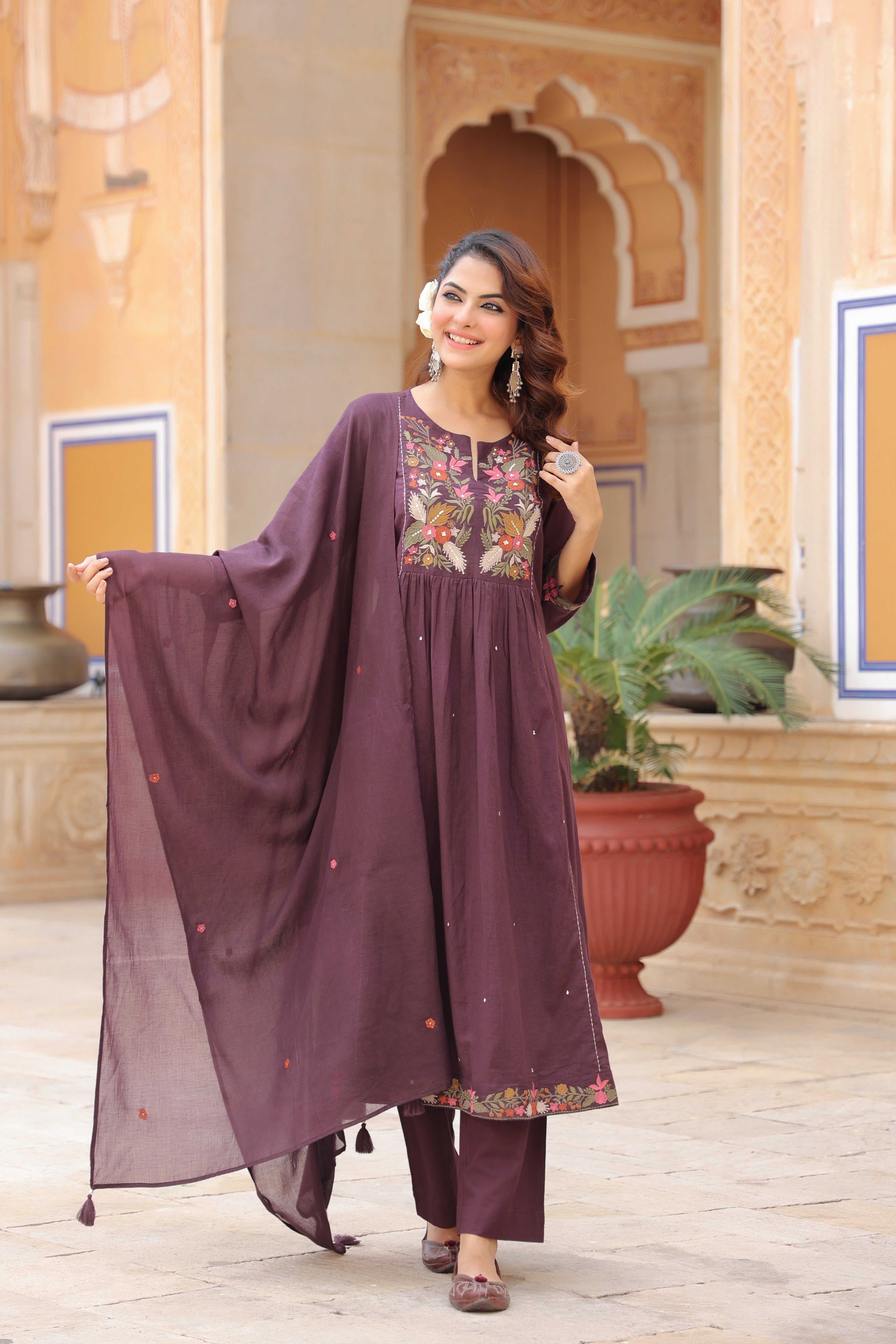 Women Floral Embroidered Regular Cotton Kurta, Trousers & Dupatta Kurta Set