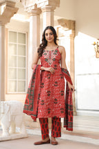 Women Ethnic Motifs Printed Regular Beads and Stones Pure Cotton Kurta with Trousers & With Dupatta