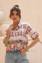 Geometric Print Roll-Up Sleeves Cotton Shirt Style Top