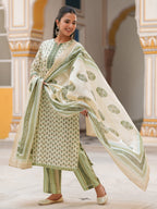 Women Printed Sequinned Pure Cotton Kurta with Trousers & Dupatta