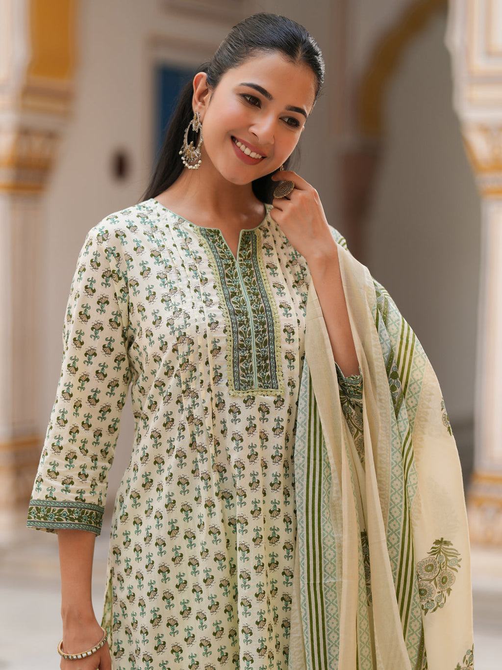 Women Printed Sequinned Pure Cotton Kurta with Trousers & Dupatta