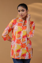 Women Floral Printed Mandarin Collar Cotton Top