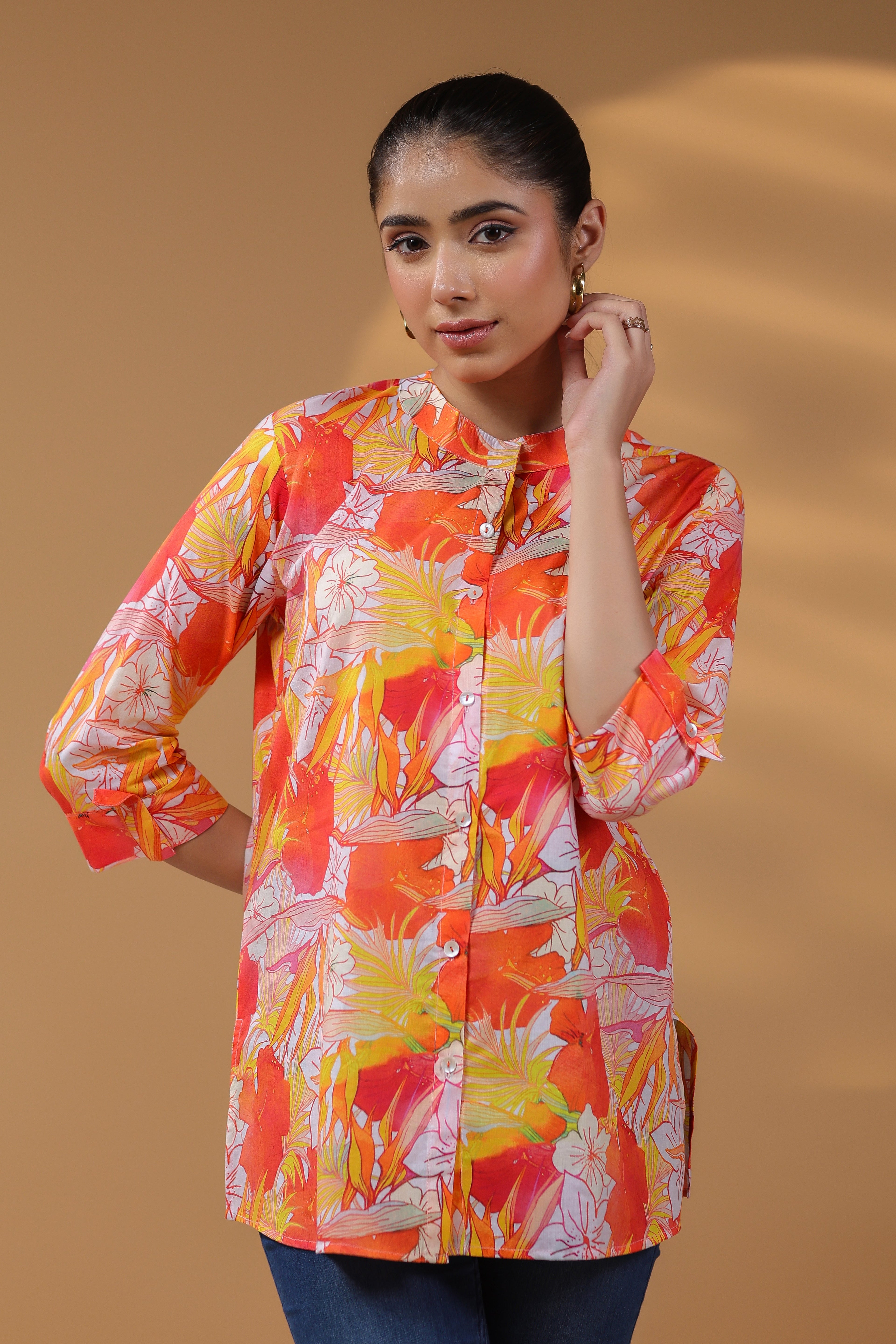 Women Floral Printed Mandarin Collar Cotton Top