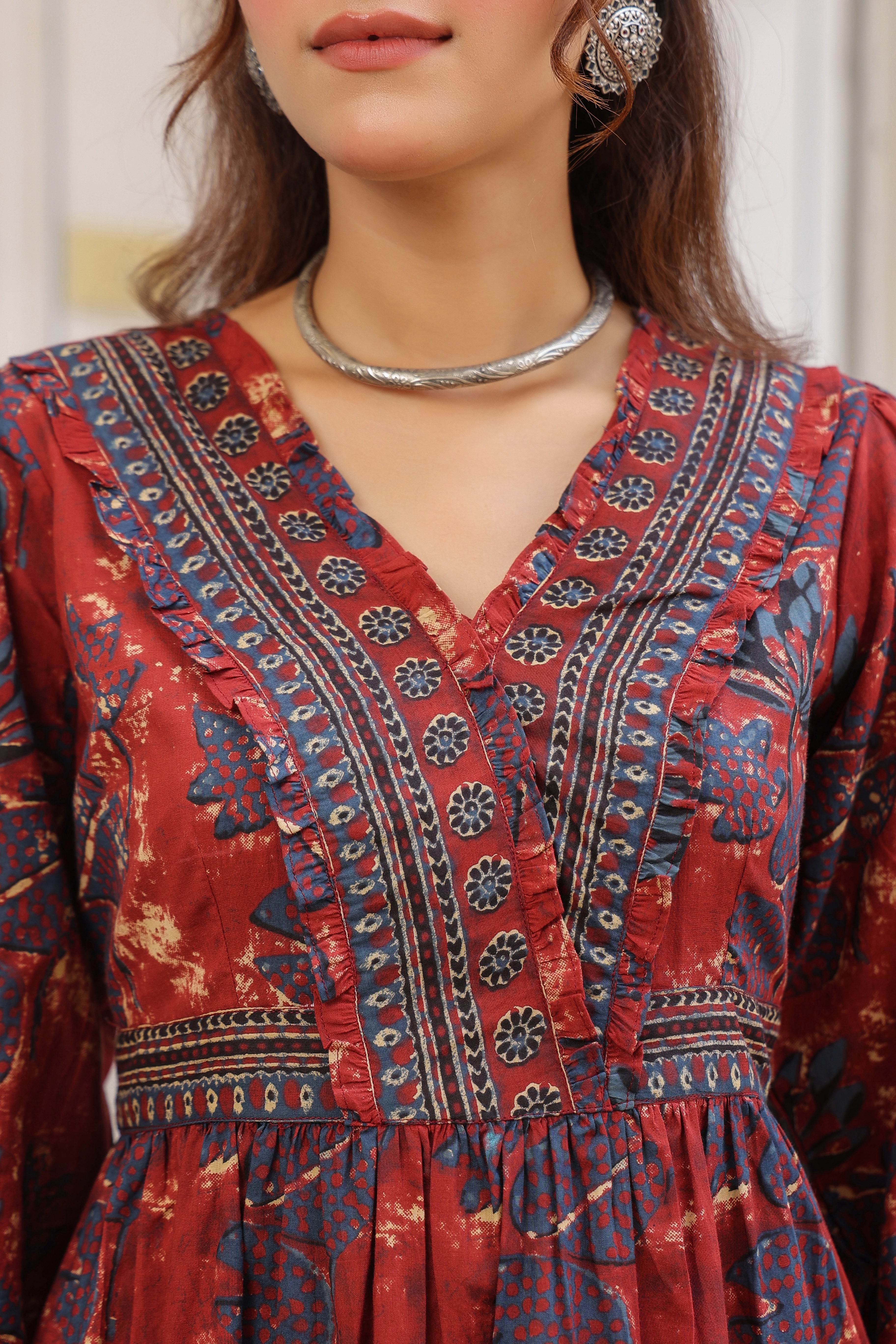 Printed V-Neck Fit and Flare Ethnic Dresses