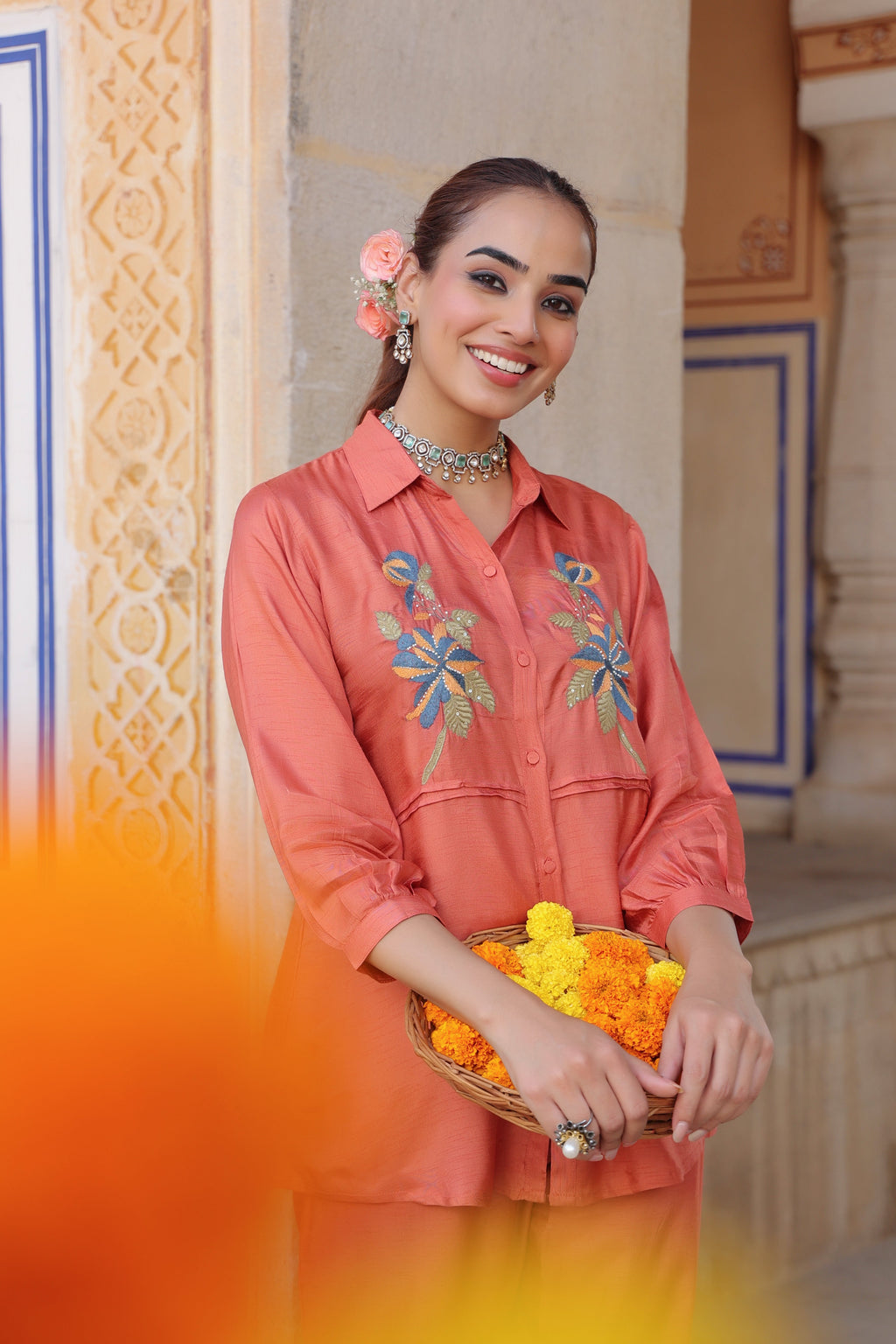 Women Embroidered Shirt with Trousers Co-ord Set