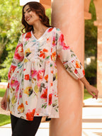 Women Floral Printed Gathered Pure Cotton Longline Top