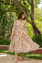 Women Abstract Printed Pure Cotton Tiered Fit & Flare Midi Dress