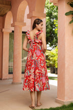 Tropical Printed Square Neck Pure Cotton Midi Dress