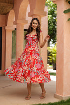 Tropical Printed Square Neck Pure Cotton Midi Dress