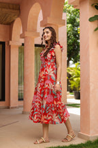 Tropical Printed Square Neck Pure Cotton Midi Dress