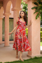 Tropical Printed Square Neck Pure Cotton Midi Dress