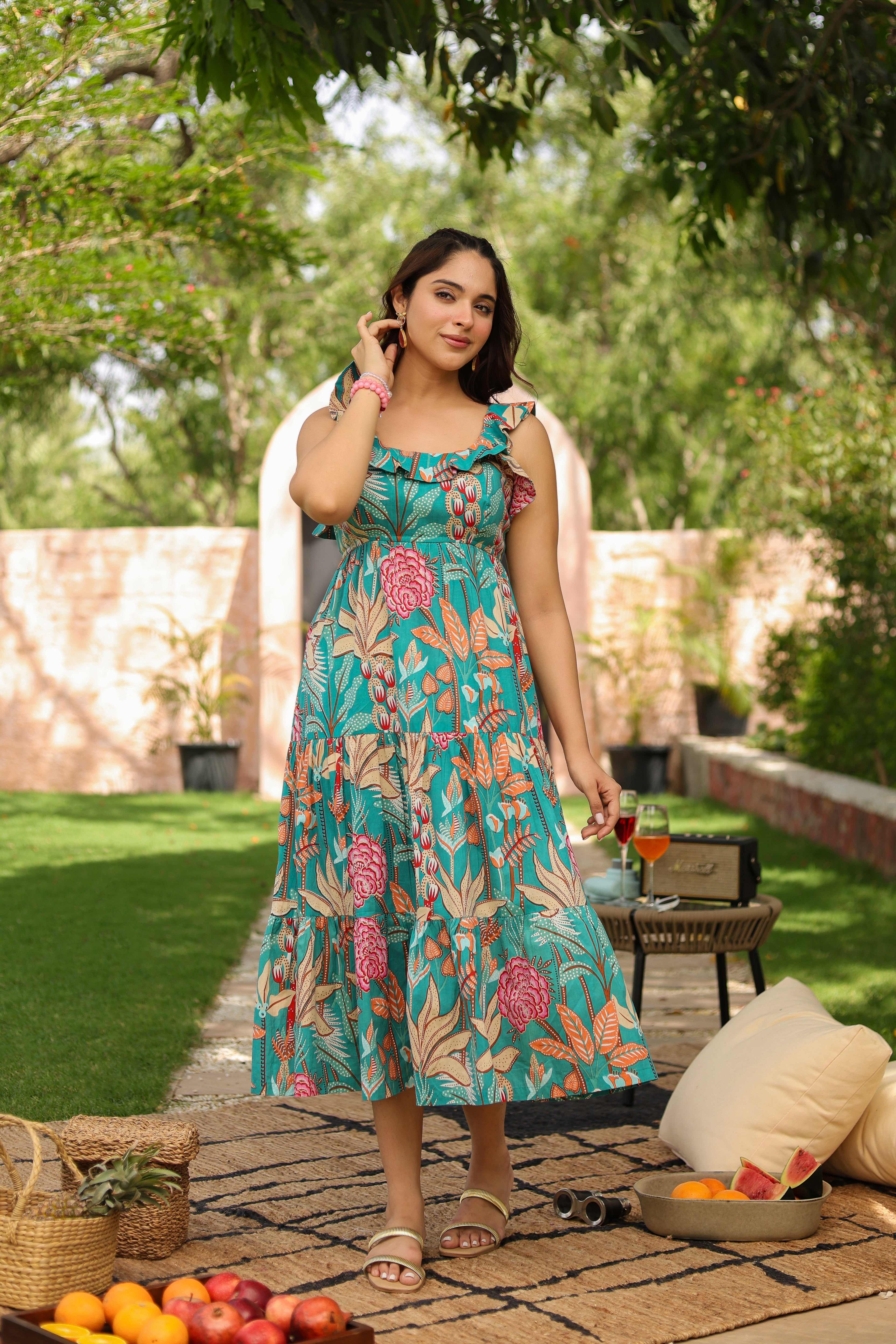 Tropical Printed Square Neck Pure Cotton Midi Dress