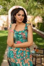 Tropical Printed Square Neck Pure Cotton Midi Dress