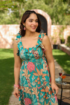 Tropical Printed Square Neck Pure Cotton Midi Dress