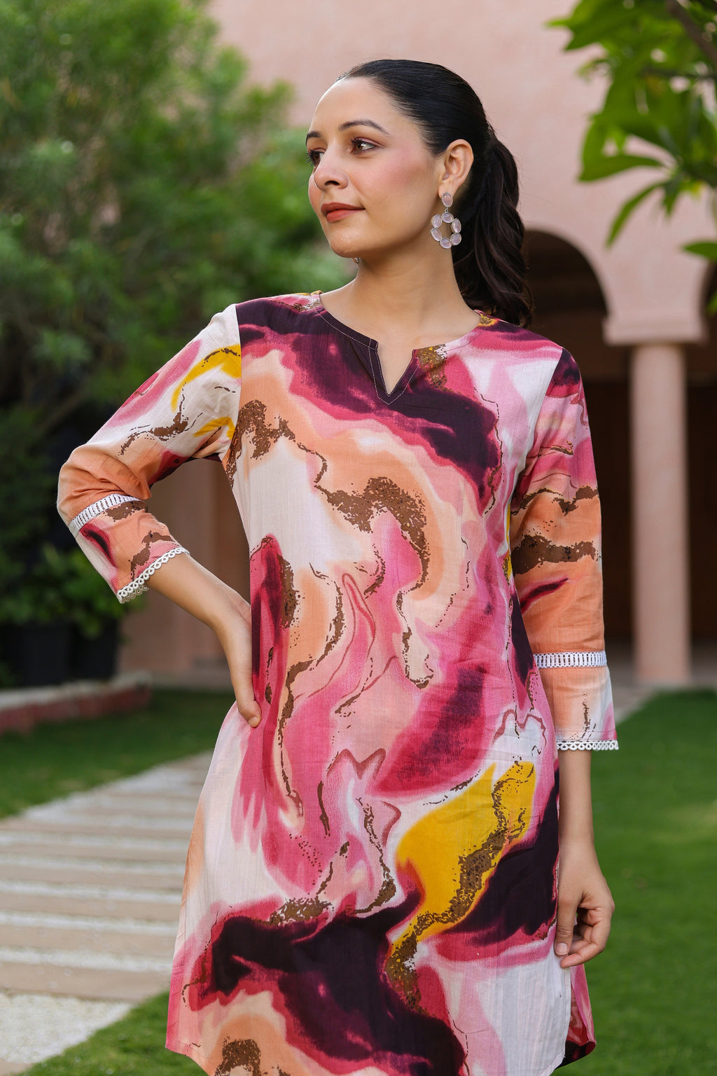 Printed Round Neck Tunic With Trousers Co-Ords