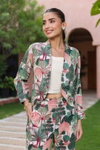Printed Notched Lapel Neck Top & Trousers With Jacket Co-ords