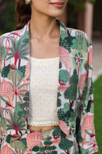 Printed Notched Lapel Neck Top & Trousers With Jacket Co-ords