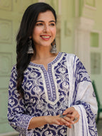 Women Printed Pure Cotton Kurta with Trousers & With Dupatta