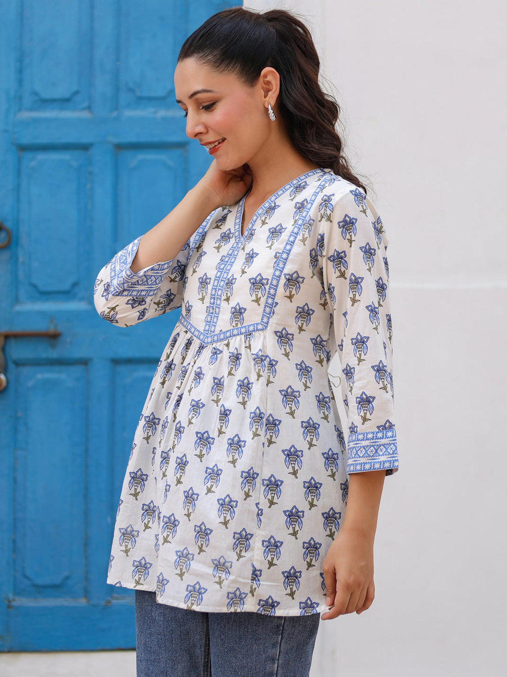 Women Floral Printed V Neck Cotton Top