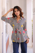Women Vertical Striped Spread Collar Pure Cotton Casual Shirt