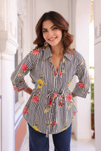Women Vertical Striped Spread Collar Pure Cotton Casual Shirt