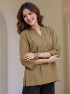 Women Mandarin Collar Cotton Regular Top