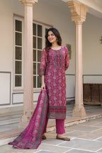Women Ethnic Motifs Printed Regular Sequinned Chanderi Cotton Kurta with Trousers & With Dupatta