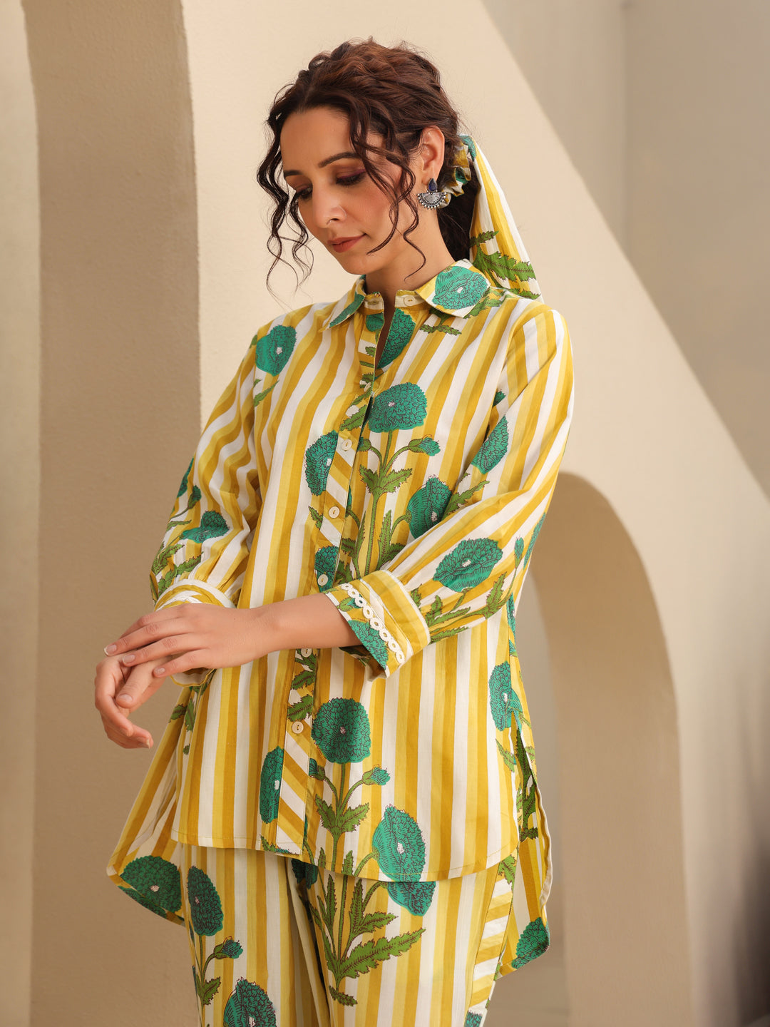 Printed Pure Cotton Shirt Collar Neck Shirt & Trouser Co-Ords