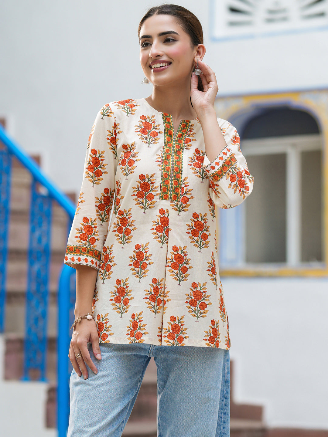 Women Floral Printed Pure Cotton Regular Top