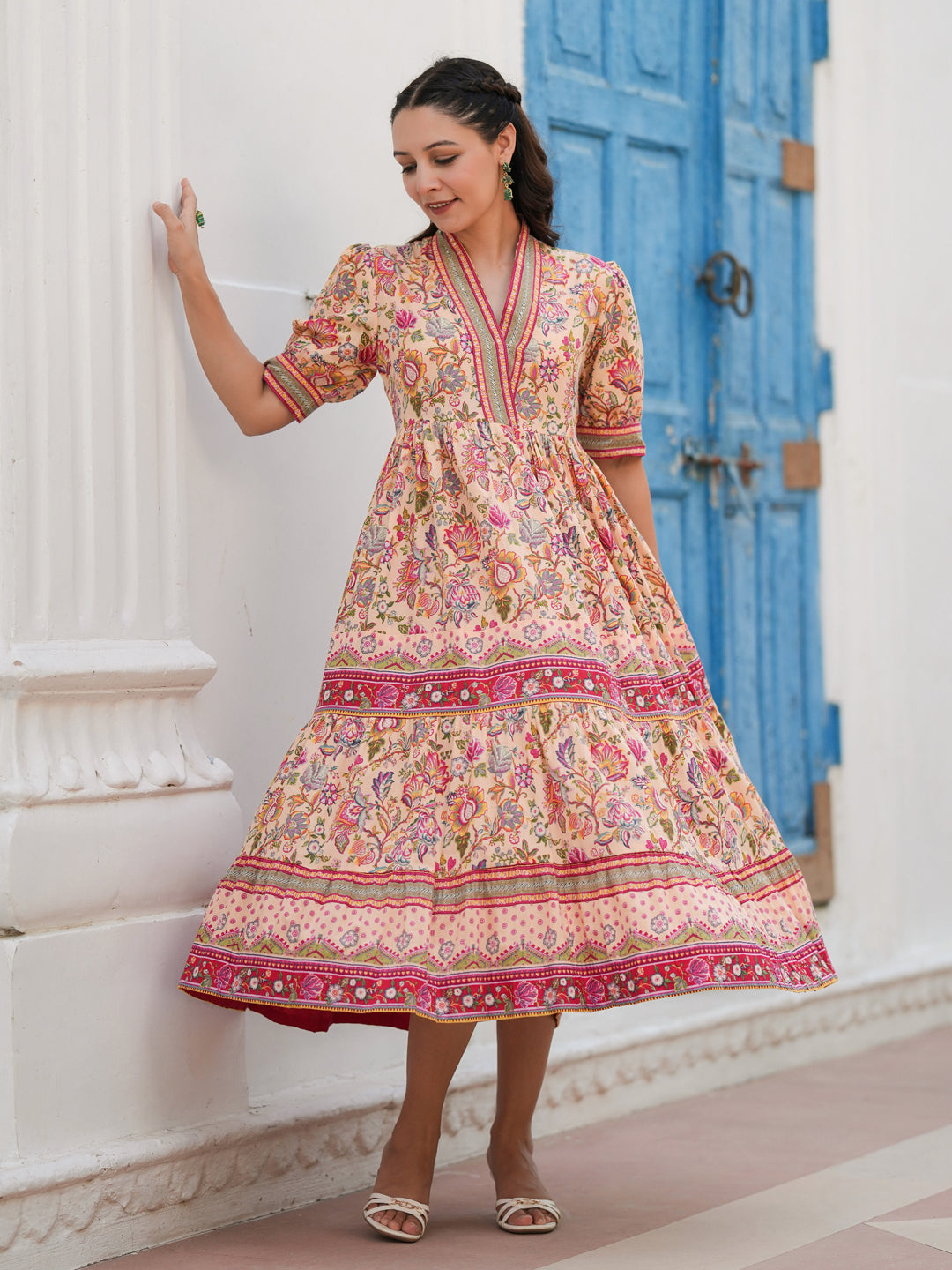 Women Floral Print Puff Sleeve Fit & Flare Cotton Midi Dress