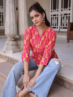 Women Printed Mandarin Collar Cotton Top