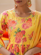 Floral Printed Sequinned Pure Cotton Anarkali Kurta with Trousers & Dupatta