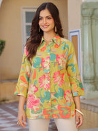 Women Abstract Printed Roll-Up Sleeves Shirt Style Cotton Regular Top