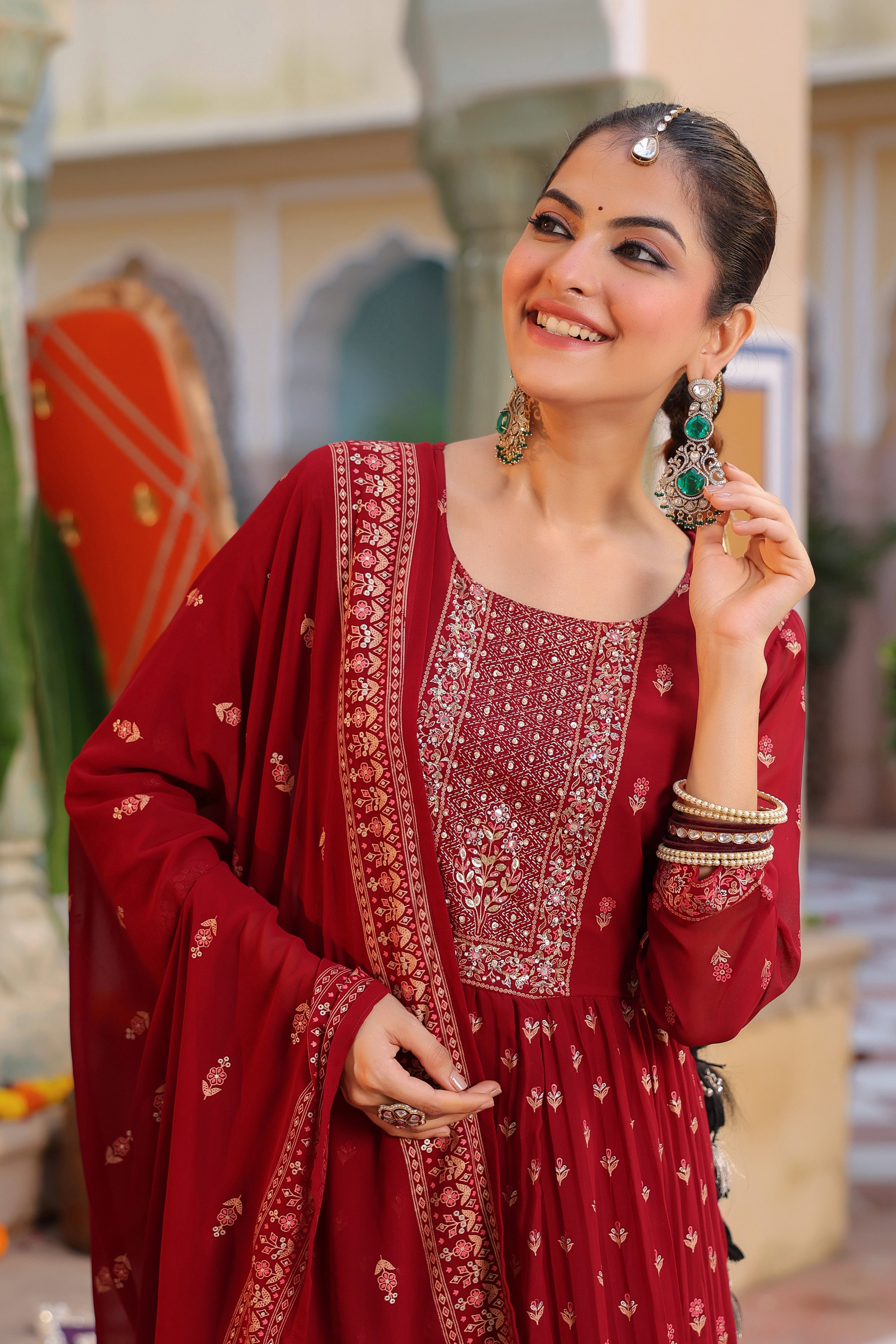 Floral Printed Thread Work Georgette Kurta With Trousers & Dupatta