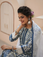 Floral Printed Thread Work Pure Cotton Straight Kurta & Trouser & Dupatta