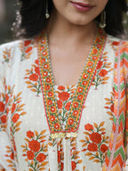 Floral Printed Thread Work Pure Cotton Kurta With Trousers & Dupatta