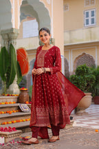 Floral Printed Thread Work Georgette Kurta With Trousers & Dupatta
