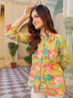 Women Abstract Printed Roll-Up Sleeves Shirt Style Cotton Regular Top