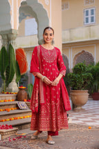 Women Ethnic Motifs Printed Beads and Stones Kurta with Trouser & Dupatta