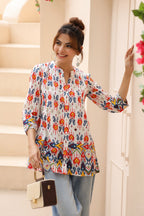 Floral Print Mandarin Collar Cotton Top