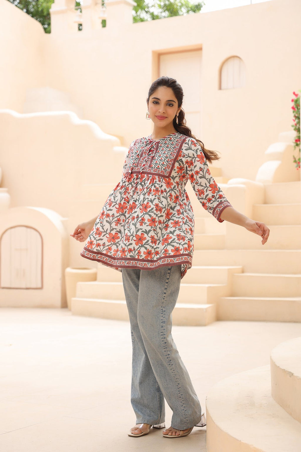 Women Floral Printed Pure Cotton A-Line Top