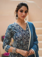 Women Floral Printed Cotton Kurta with Trousers & Dupatta
