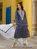 Women Ethnic Motifs Printed Regular Thread Work Pure Cotton Kurta with Trousers & With Dupatta
