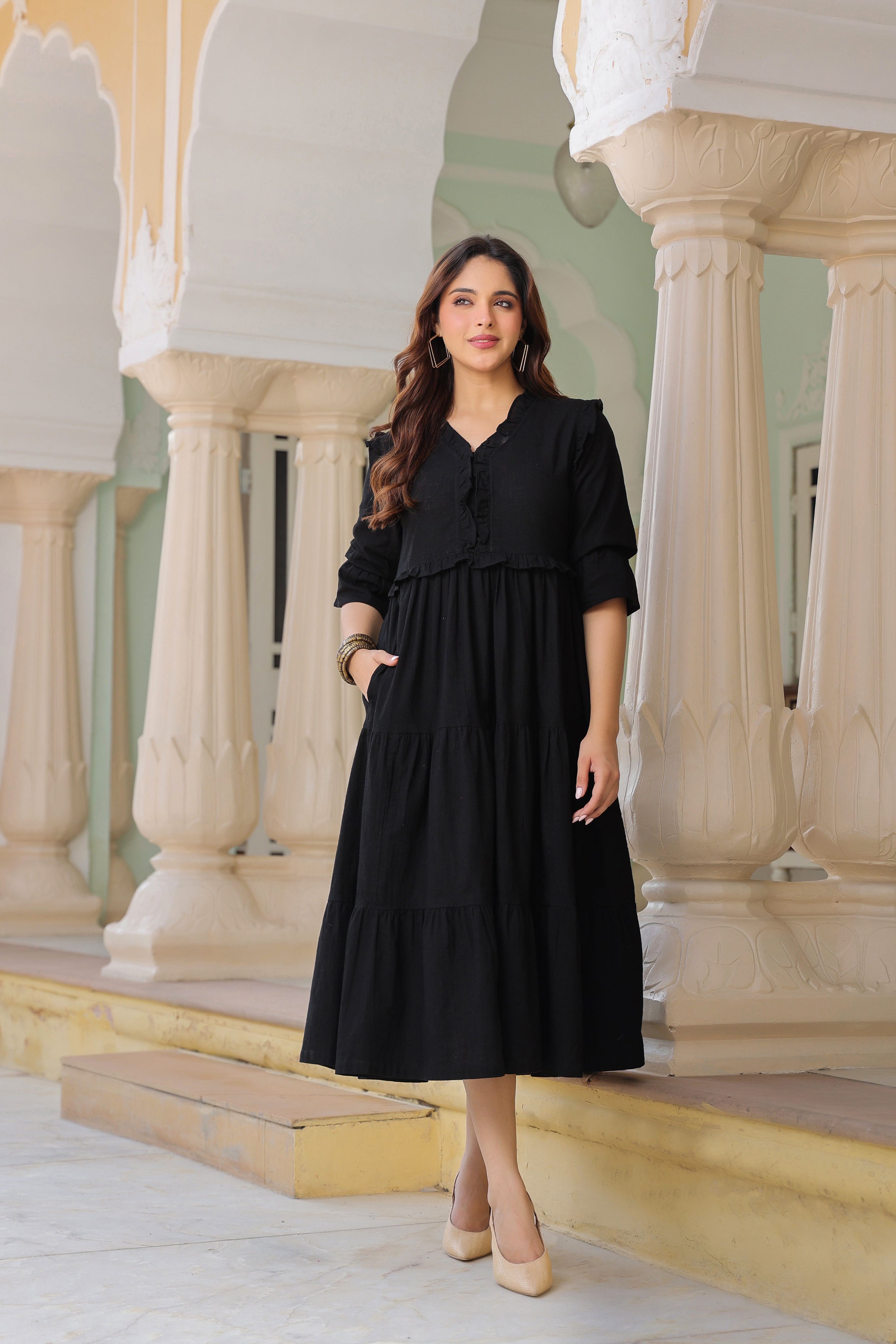 Women Pure Cotton Ruffle-Detail V-Neck Fit & Flare Midi Dress