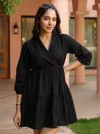 Women Solid Tiered Wrap Pure Cotton Mini Dress