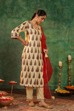 Women Ethnic Motifs Printed Regular Beads and Stones Kurta with Trousers & With Dupatta