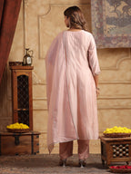 Floral Embroidered Chanderi Cotton Anarkali Kurta with Trousers & Dupatta