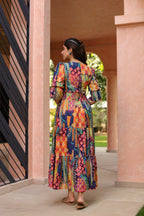 Women Ethnic Printed V Neck Ruffle Detail Dress